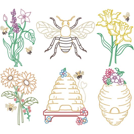 Botanical Bees Digital Machine Embroidery Designs by JuJu