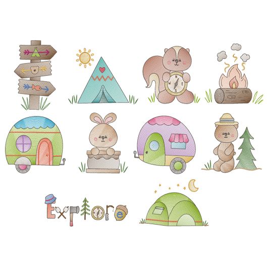 Camping Vintage Sketch 2 Machine Embroidery Designs By JuJu