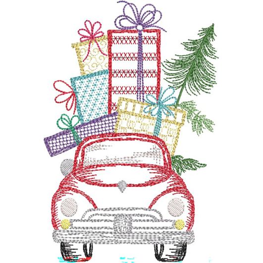 Christmas Car Vintage Sketch | Machine Embroidery Designs by JuJu