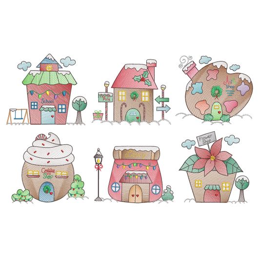 Christmas Village Vintage Sketch 1 Machine Embroidery Designs by JuJu
