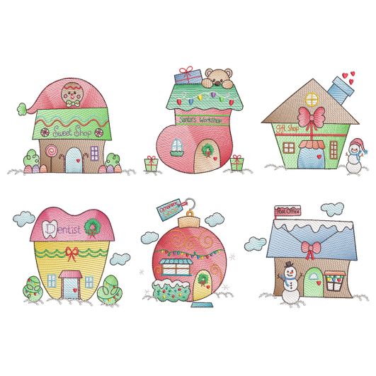 Christmas Village Vintage Sketch 2 Machine Embroidery Designs by JuJu
