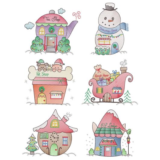 Christmas Village Vintage Sketch 3 Machine Embroidery Designs by JuJu
