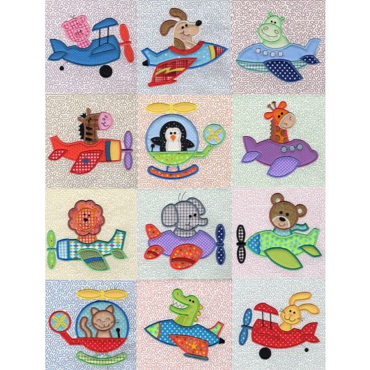 Airplane Critters Applique and Stipple Quilt Blocks Machine Embroidery Designs by JuJu