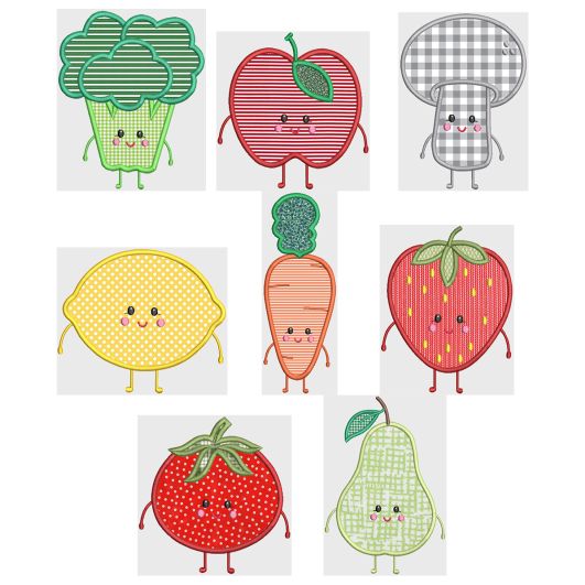Cute Fruits And Veggies Applique Machine Embroidery Designs by JuJu 