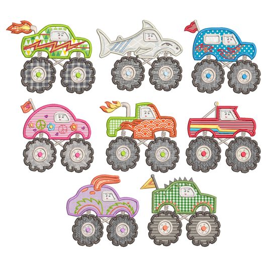 Cute Monster Trucks Applique Machine Embroidery Designs by JuJu