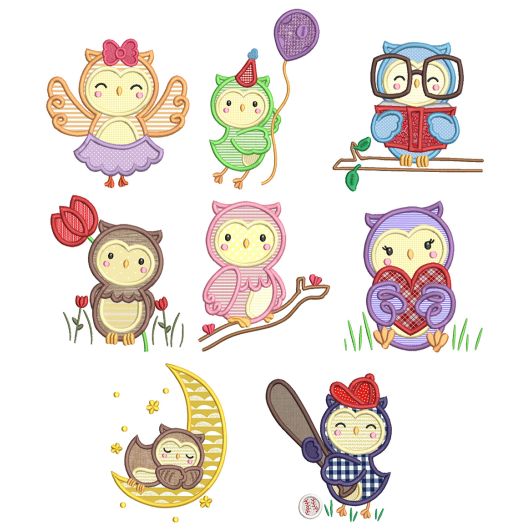 Cute Owls Applique Machine Embroidery Designs by JuJu 
