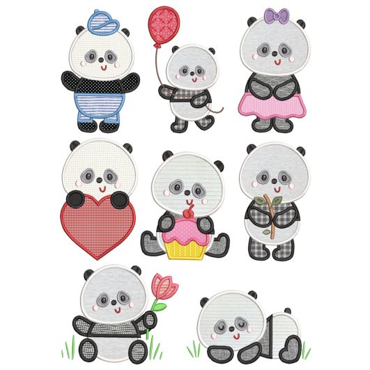 Cute Pandas Applique Machine Embroidery Designs by JuJu 
