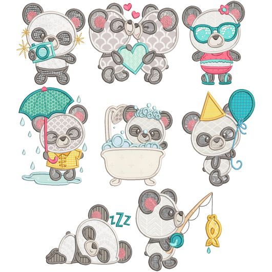 Cute Pandas Applique Machine Embroidery Designs by JuJu