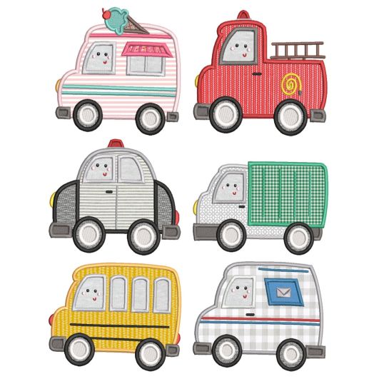 Cute Town Vehicles Applique Machine Embroidery Designs by JuJu 