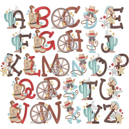 Cute Western Alphabet Digital Embroidery Machine Designs by JuJu