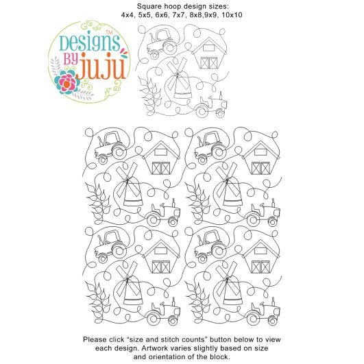 Farm Barn Windmill Wheat Tractor End-to-End Quilting Design | Machine Embroidery Designs by JuJu