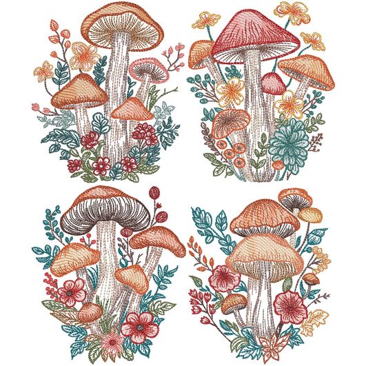 Elegant Mushrooms Sketch | Machine Embroidery Designs by JuJu