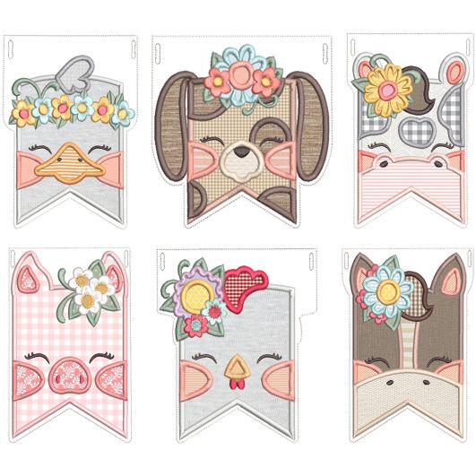Farm Animal Flags Girls Applique Machine Embroidery Designs by JuJu 
