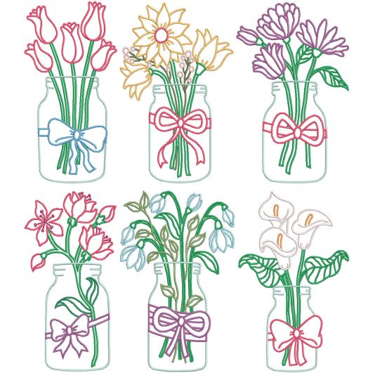 Floral Mason Jars Line Art | Machine Embroidery Designs by JuJu