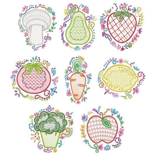 Fruit And Veggie Doodles Machine Embroidery Designs by JuJu