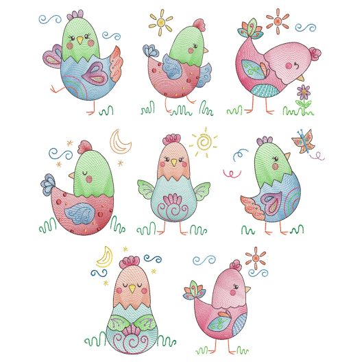 Fun Chickens Vintage Sketch Machine Embroidery Designs by JuJu