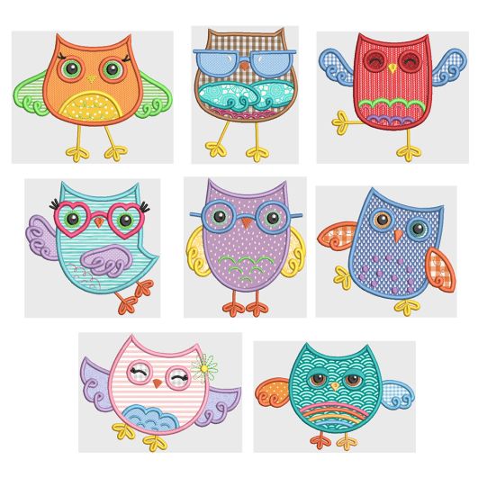 Funky Owls Applique Machine Embroidery Designs by JuJu 