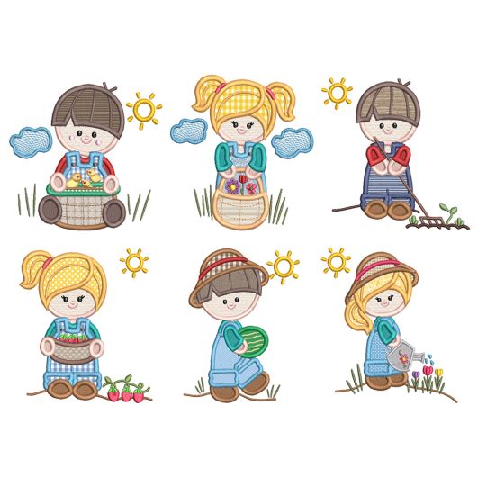 Gardening Kids Applique Machine Embroidery Designs by JuJu