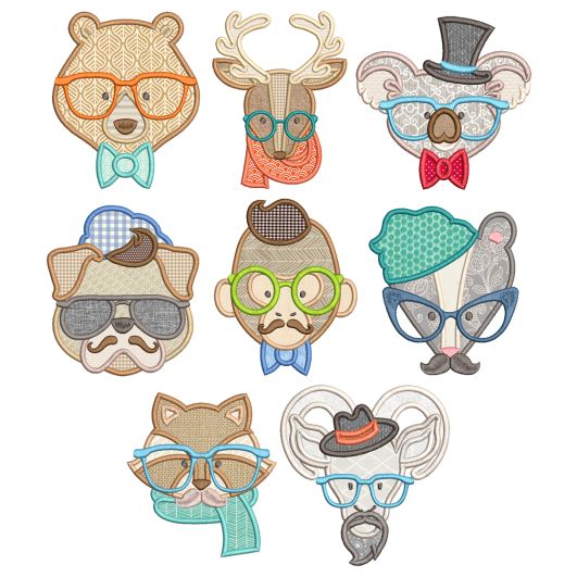 Hipster Animal Faces Applique Machine Embroidery Designs By JuJu