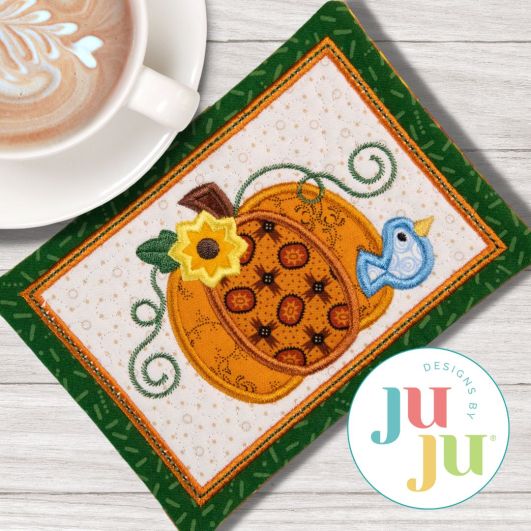 ITH Chunky Pumpkin And Bird Mug Rug | Machine Embroidery Designs by JuJu