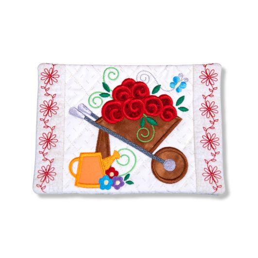 ITH Wheelbarrow Mug Rug | Machine Embroidery Designs by JuJu