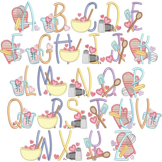 Kitchen Tools Alphabet Digital Embroidery Machine Designs by JuJu