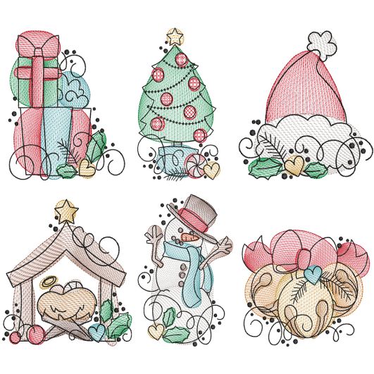Merry Christmas Sketch 1 Digital Embroidery Designs by JuJu
