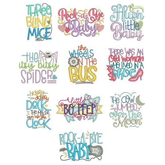 Nursery Rhymes Word Art Set 1 Machine Embroidery Designs by JuJu

