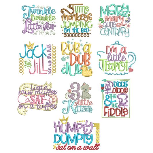 Nursery Rhymes Word Art Set 2 Machine Embroidery Designs by JuJu
