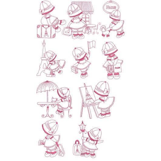 Paris Sunbonnets Redwork Machine Embroidery Designs by JuJu
