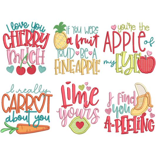 Punny Produce Valentines Machine Embroidery Designs by JuJu
