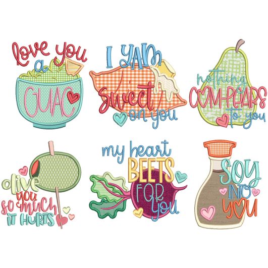 Punny Valentine Foods Applique Machine Embroidery Designs by JuJu