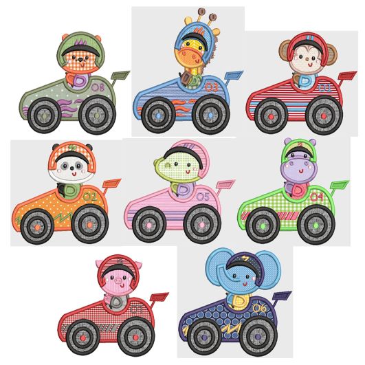 Race Car Critters Applique Machine Embroidery Designs by JuJu 