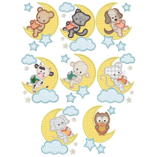 Reading On The Moon Applique Machine Embroidery Designs by JuJu 