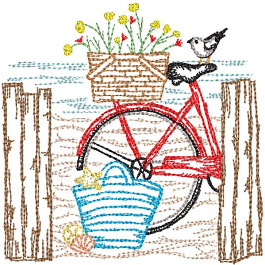 Seaside Bike Vintage Sketch | Machine Embroidery Designs by JuJu