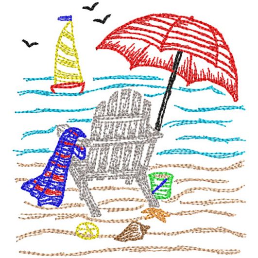 Seaside Umbrella Chair Vintage Sketch | Machine Embroidery Designs by JuJu
