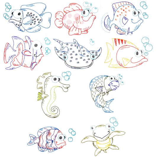 Silly Sea Creatures Vintage Stitch Machine Embroidery Designs by JuJu
