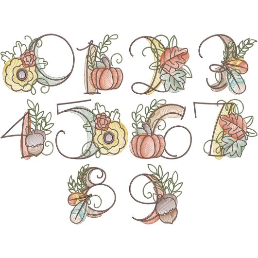 Sketch Fall Numbers | Machine Embroidery Designs by JuJu