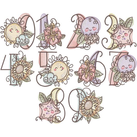 Sketch Summer Numbers | Machine Embroidery Designs by JuJu