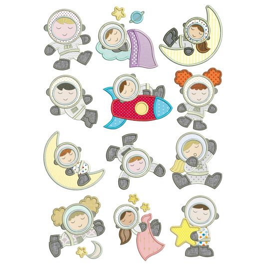 Sleepy Astronauts Applique Machine Embroidery Designs By JuJu
