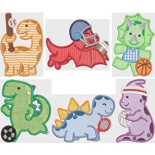 Sporty Dinosaurs Applique Machine Embroidery Designs by JuJu 