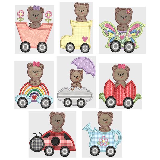 Spring Bear Cars Applique Machine Embroidery Designs by JuJu 