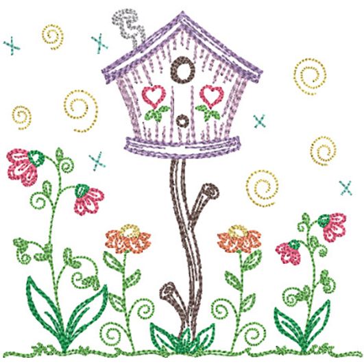Spring Garden Sketch Birdhouse | Machine Embroidery Designs by JuJu