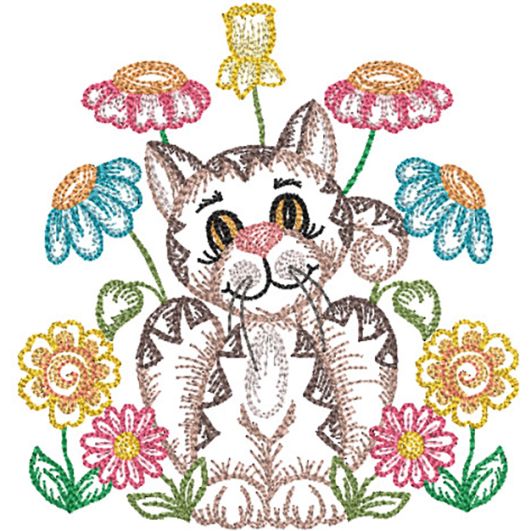 Spring Garden Sketch Cat | Machine Embroidery Designs by JuJu