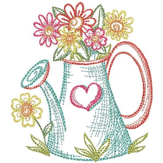 Spring Garden Sketch Watering Can | Machine Embroidery Designs by JuJu