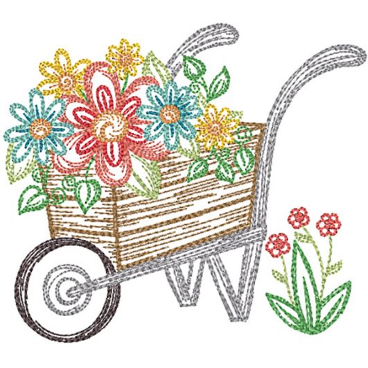 Spring Garden Sketch Wheelbarrow | Machine Embroidery Designs by JuJu