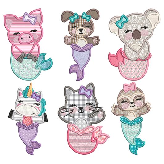 Sweet Mermaid Critters Applique Machine Embroidery Designs by JuJu 