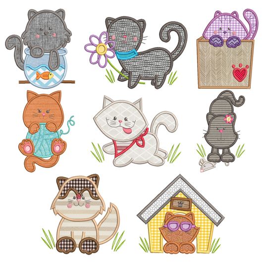 Sweet Silly Cats Applique Machine Embroidery Designs by JuJu