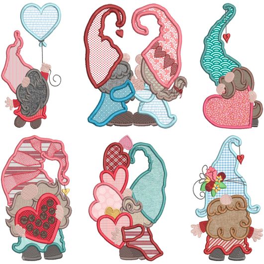 Sweet Valentine Gnomes Applique Machine Embroidery Designs by JuJu 
