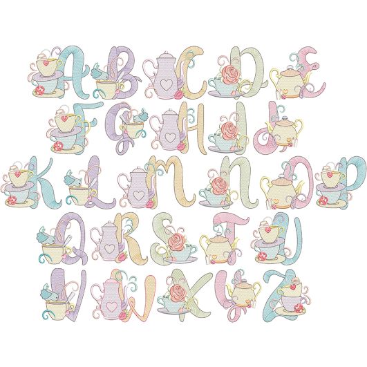 Tea Party Alphabet Digital Embroidery Machine Designs by JuJu